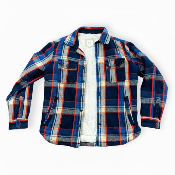 GAP Sherpa Lined Plaid Flannel Shirt Jacket Shacket Blue Red Mens M Cozy Warm